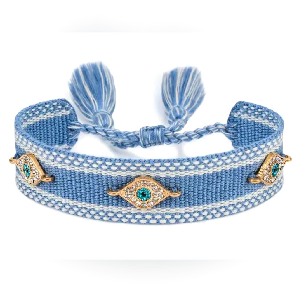 Woven Friendship EvilEye Fabric Adjustable Braided Bracelet Rhinestone